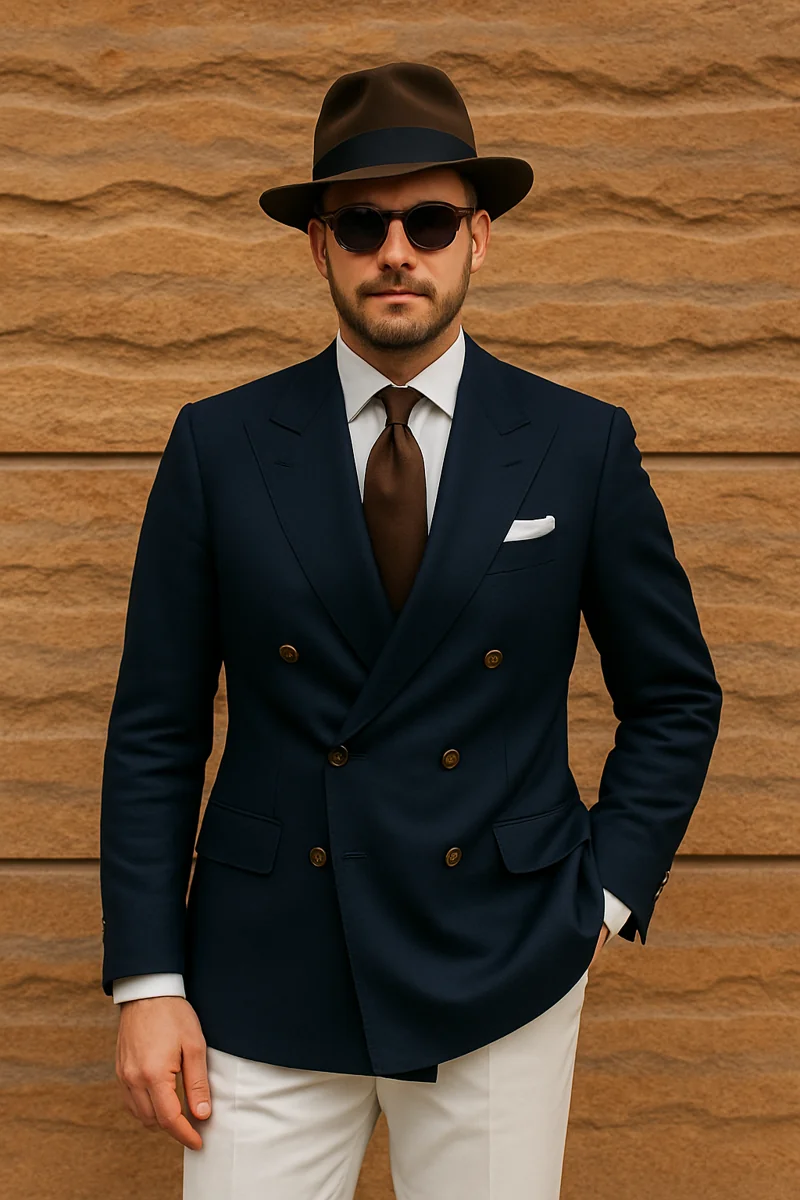 Eleganter Mann mit braunem Fedora-Hut, dunkelblauem Doppelreiher-Sakko und weißer Hose vor sandfarbener Wand auf der Pitti Uomo in Florenz.
