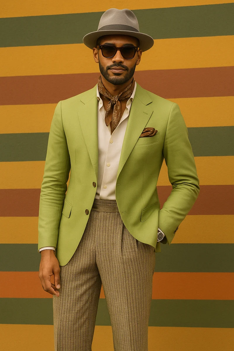 Modisch gekleideter Mann mit grünem Sakko, brauner Krawatte und beiger Bundfaltenhose vor gestreifter Wand auf der Pitti Uomo in Florenz.
