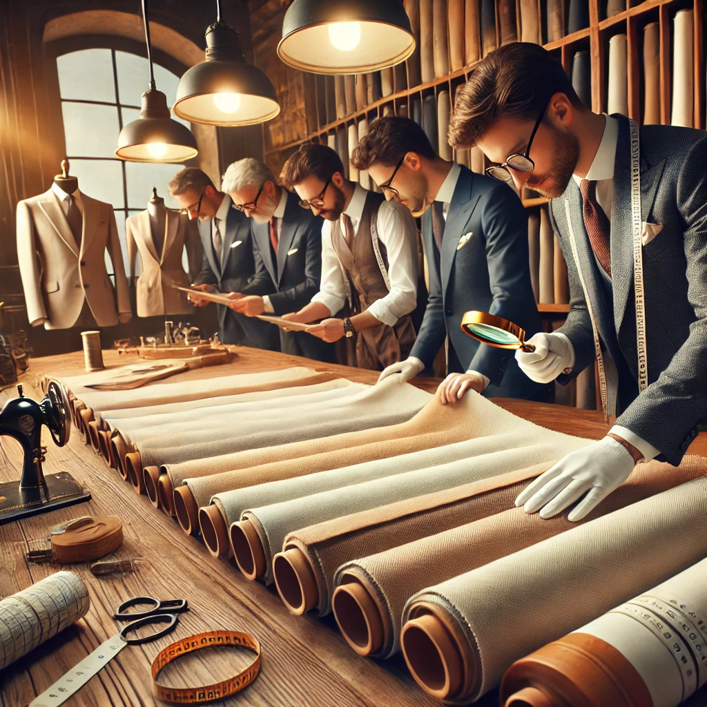 Hier ist ein Bild, das die Prüfung hochwertiger Anzugstoffe vor der Produktion zeigt. Die Szene stellt eine Maßschneiderei dar, in der Experten die Stoffe sorgfältig inspizieren